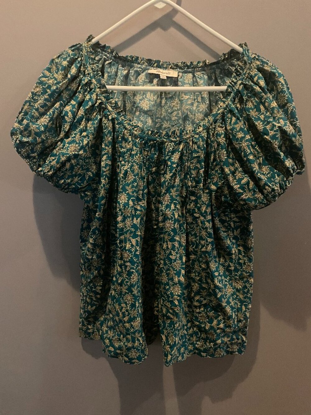 Madewell Top Teal Floral Puff Sleeve Scoop Neck Cotton, size 10